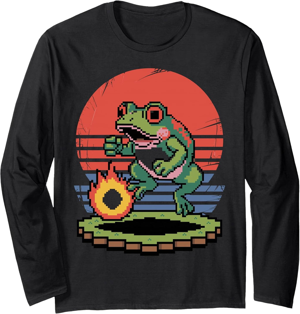 Pixel Art Frog Fireball Retro 8-Bit Arcade Gamer Long Sleeve T-Shirt
