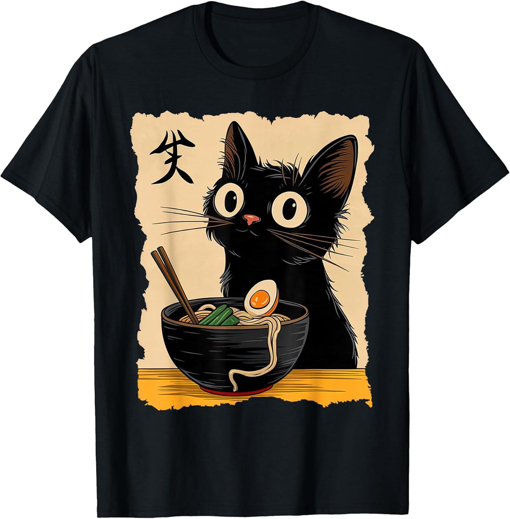Black Cat eating Ramen Japanese Kawaii Anime Cat Ramen T-Shirt