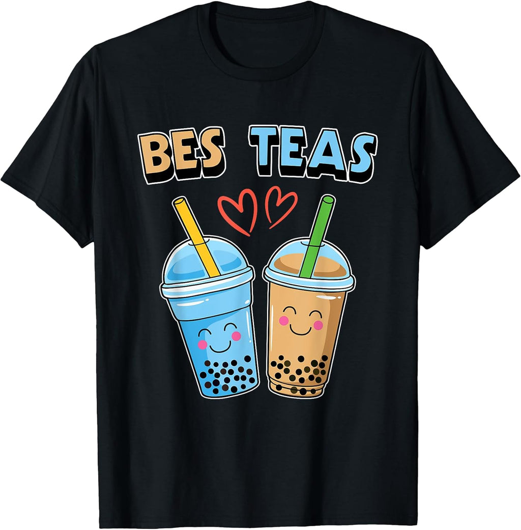 Boba Bubble Tea Bes Teas Kawaii Cute Bestie Blue and Brown T-Shirt