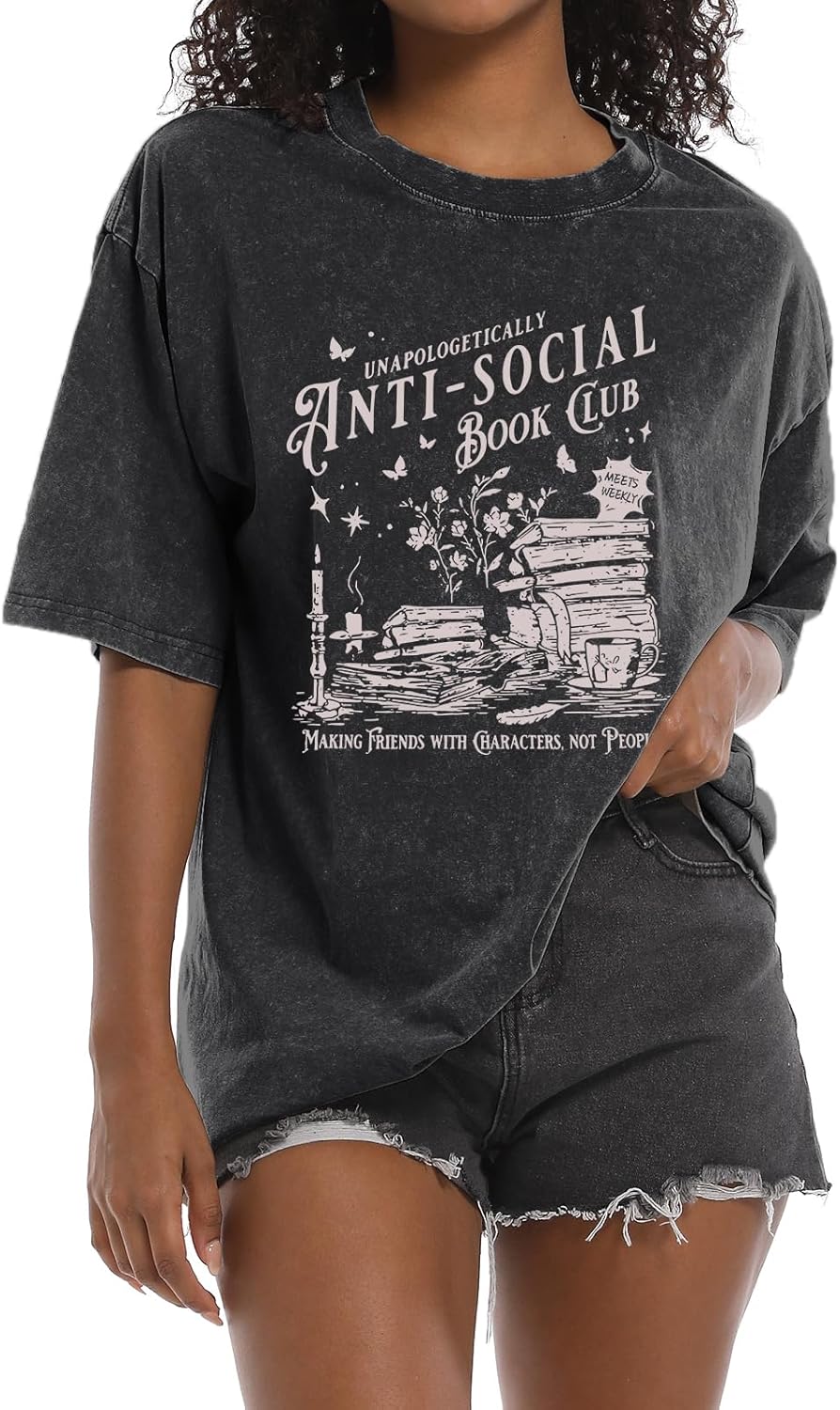 Book Shirts for Women Anti Social Book Club Graphic Tees Bookish Teacher Acid Wash Tshirt Bookworm Aesthetic Shirt