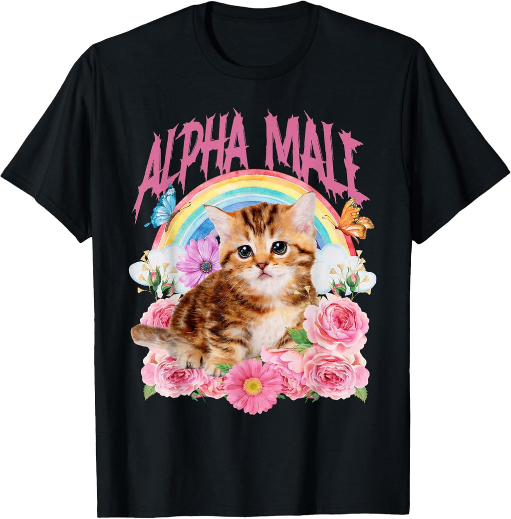 Alpha Male Funny Cat Kitten Rainbow Floral T-Shirt