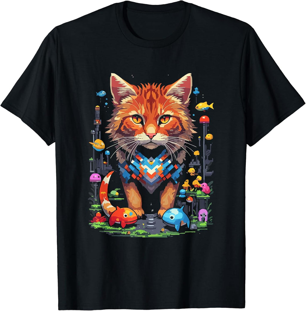 Pixel Art Fantasy City with Fish and Cat T-Shirt