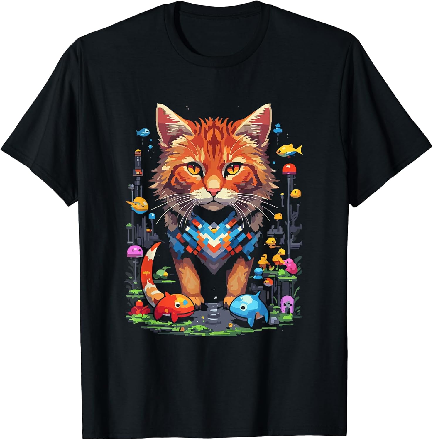 Pixel Art Fantasy City with Fish and Cat T-Shirt