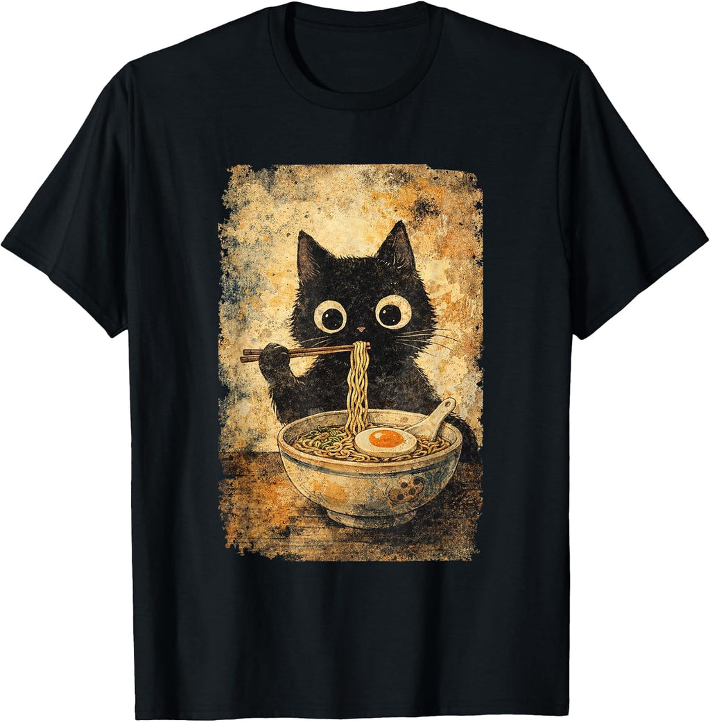 Funny Black Cat Eating Ramen Japan Cute Cat Kawaii Anime T-Shirt