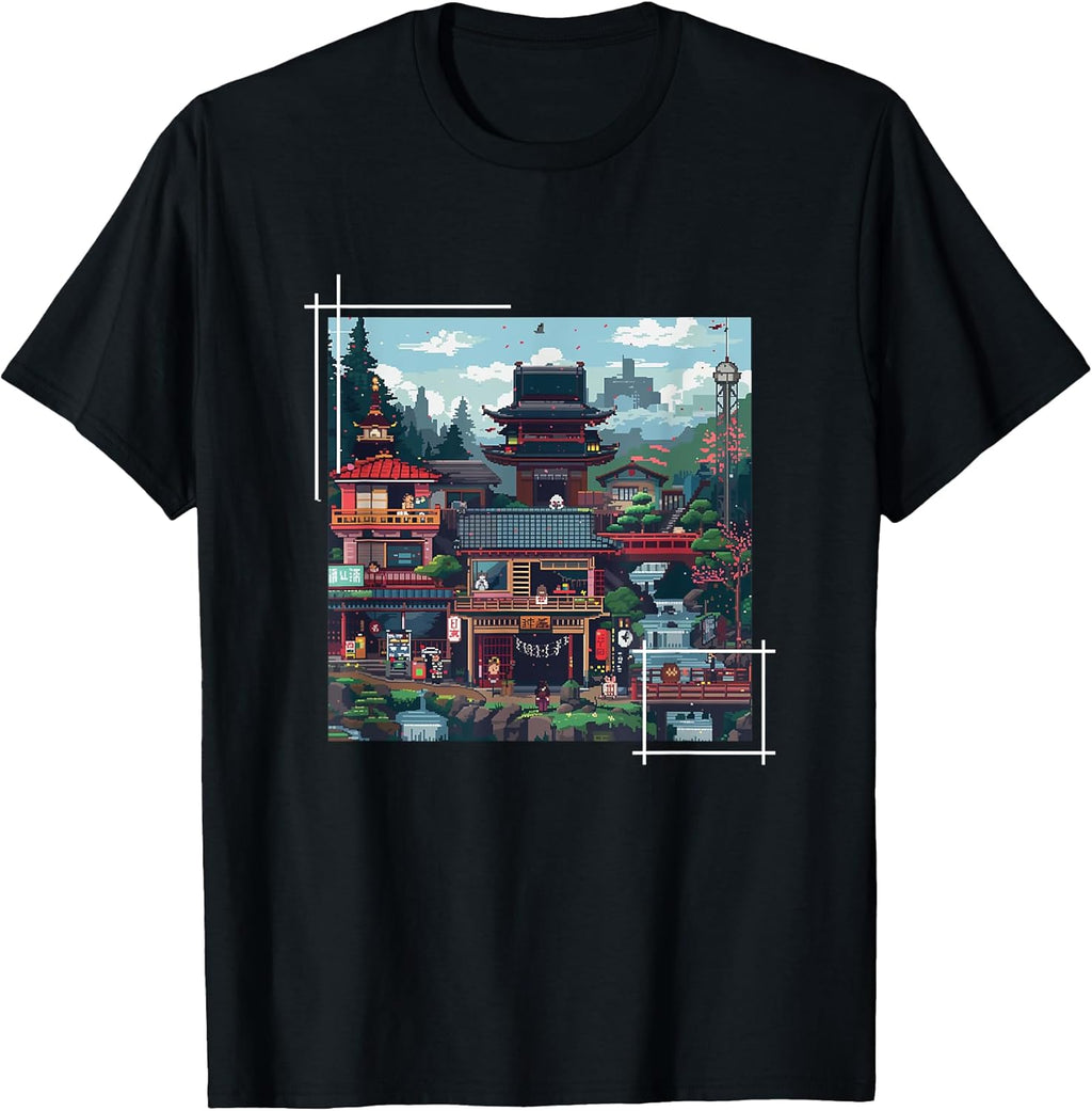 Japanese Pixel Art Village Retro Gaming Style Graphical Art T-Shirt