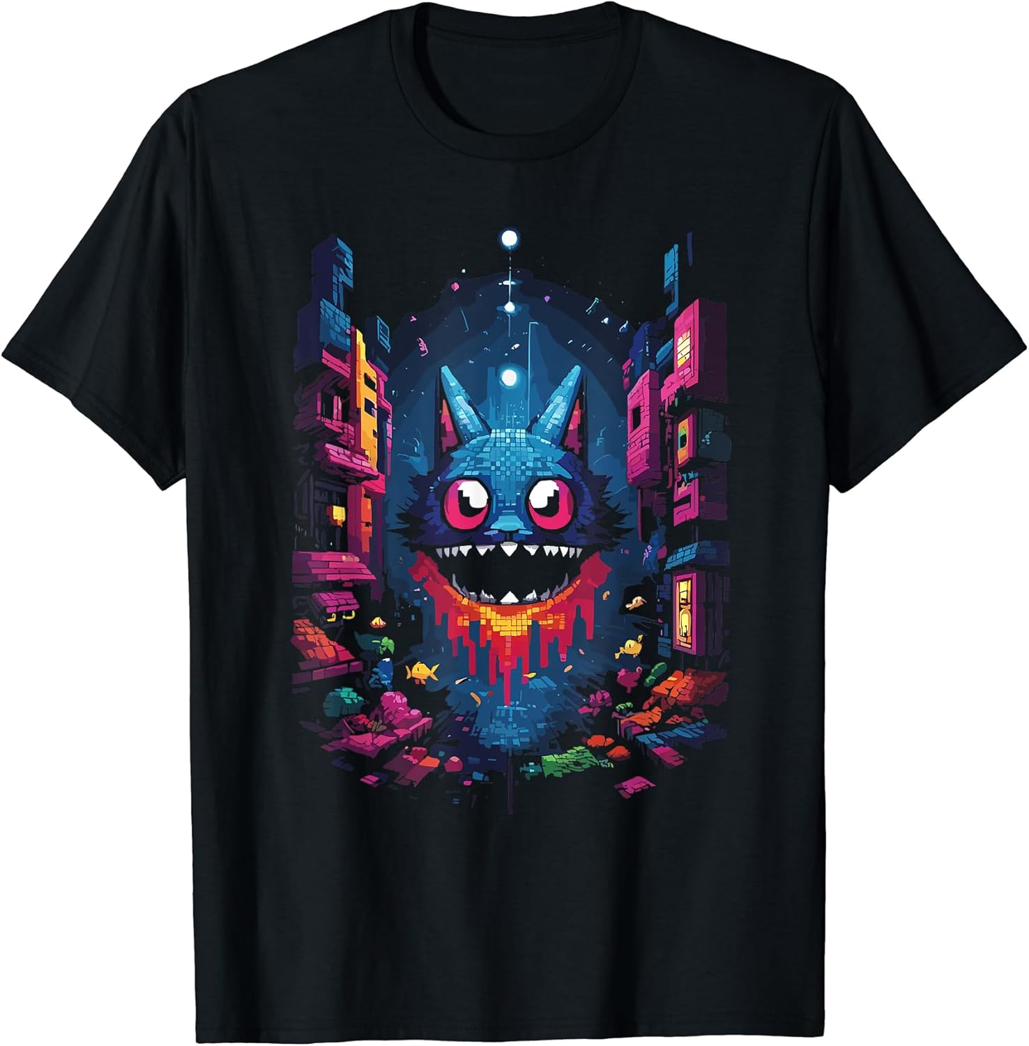 Pixel Art Futuristic City and Cat T-Shirt