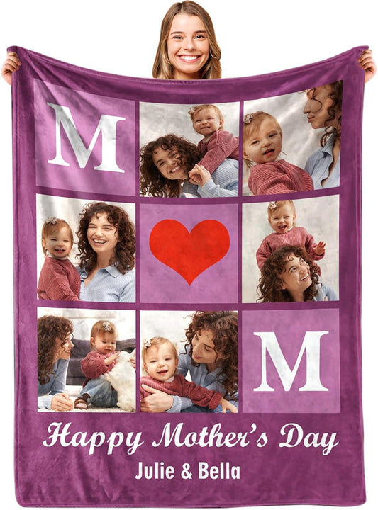Yoke Style Ships Next Day, Mothers Day Blanket Gifts for Mom Custom Blanket with Photo Text, Customized Picture Blankets Personalized Flannel Throw Blanket for Women Wife Girlfriend