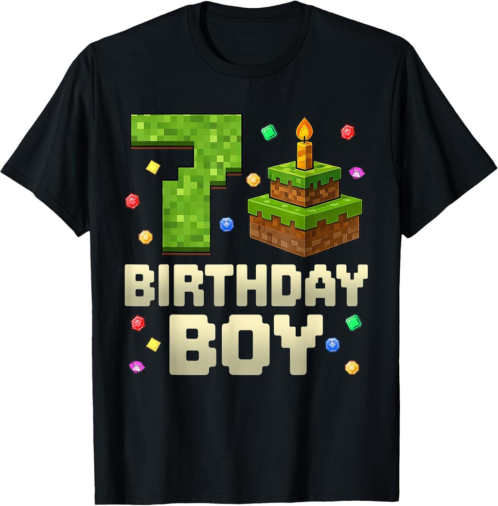 7th Birthday Boy Shirt Pixel Number Gamer