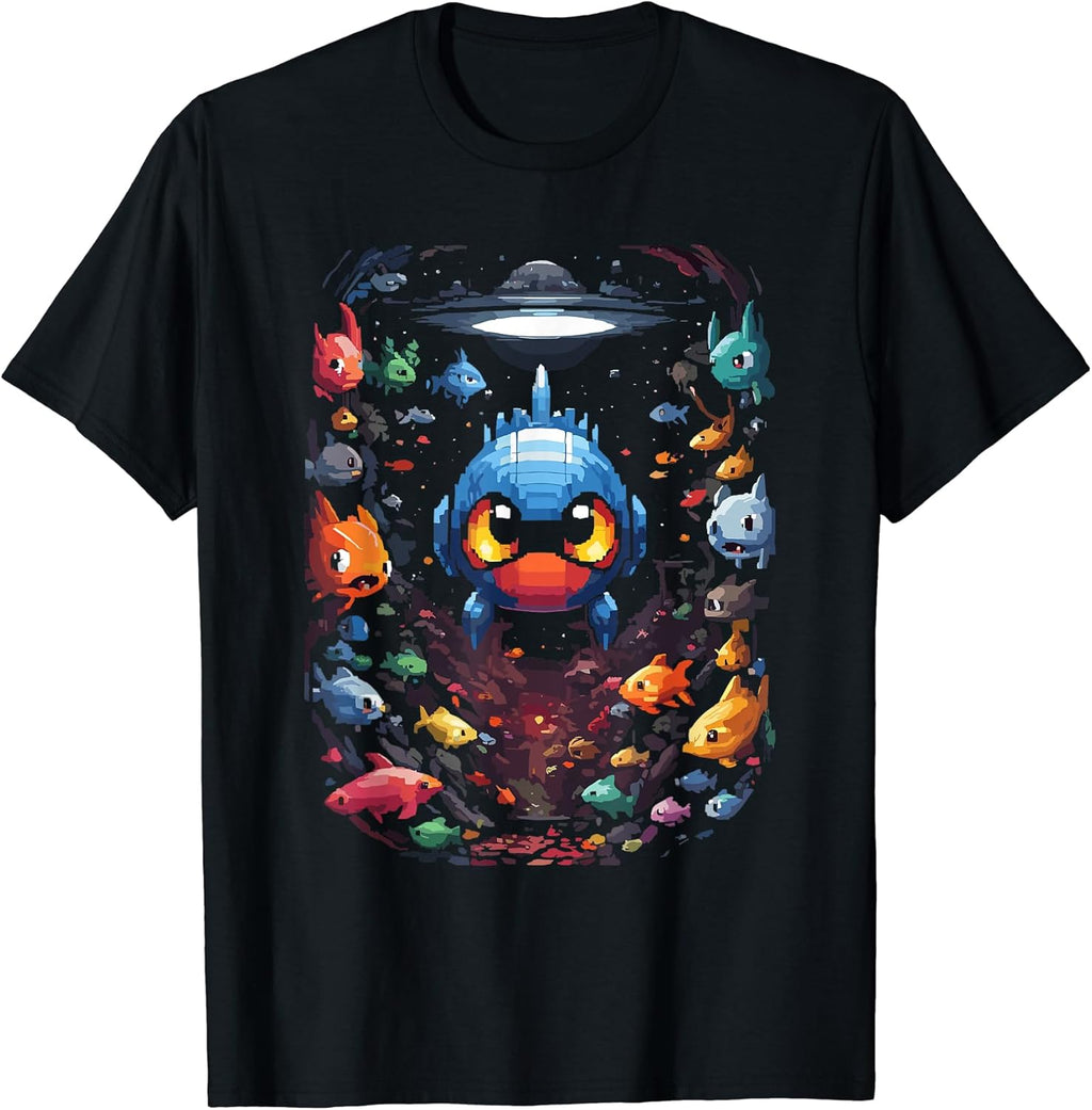 Pixel Art Submarine and Futuristic Fish T-Shirt