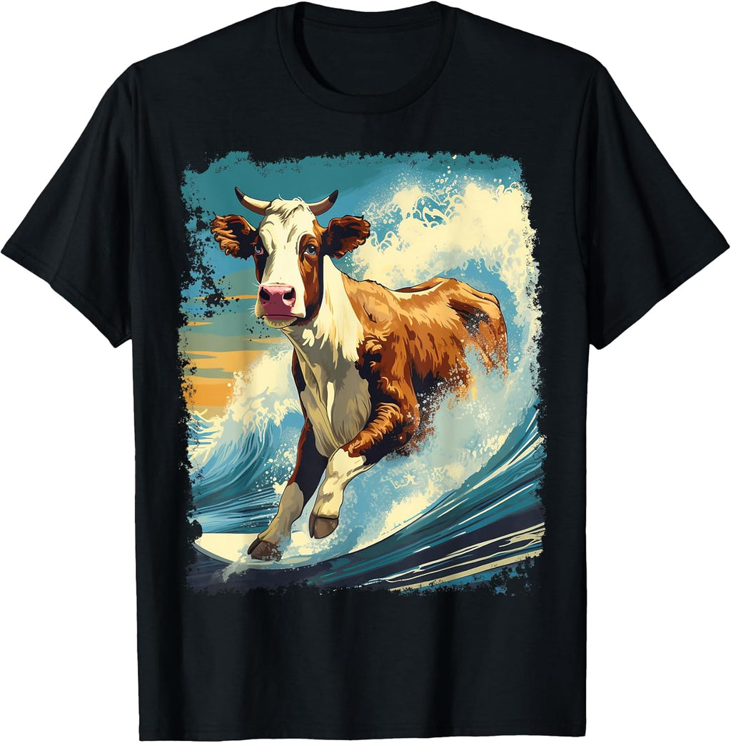 Pop Art Colorful Cow Surfing T-Shirt