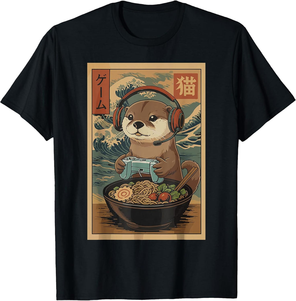 Kawaii Japanese Ramen Otter Retro Gaming Shirts for Men T-Shirt