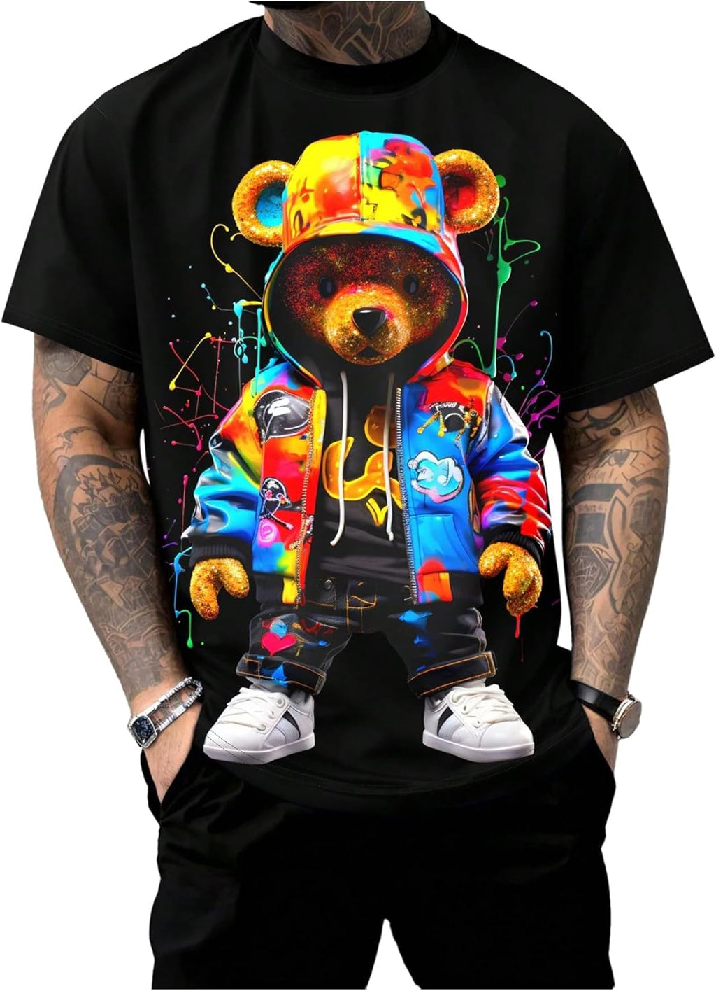 Men's Cartoon Bear Graphic Tee Shirts Short Sleeve Crew Neck Cool T-Shirt Tops