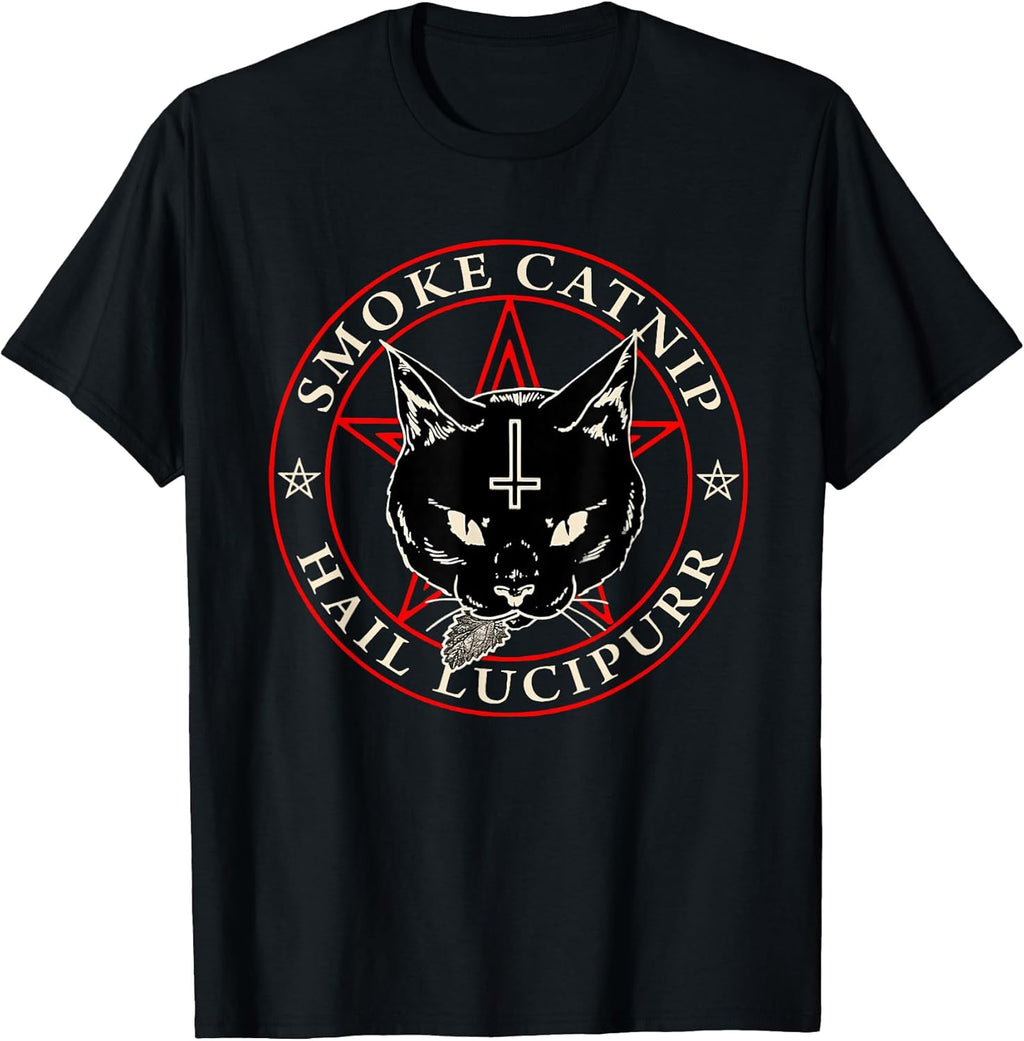 Satanic Black Cat Hail Satan Smoke Catnip Hail Lucipurr Weed T-Shirt