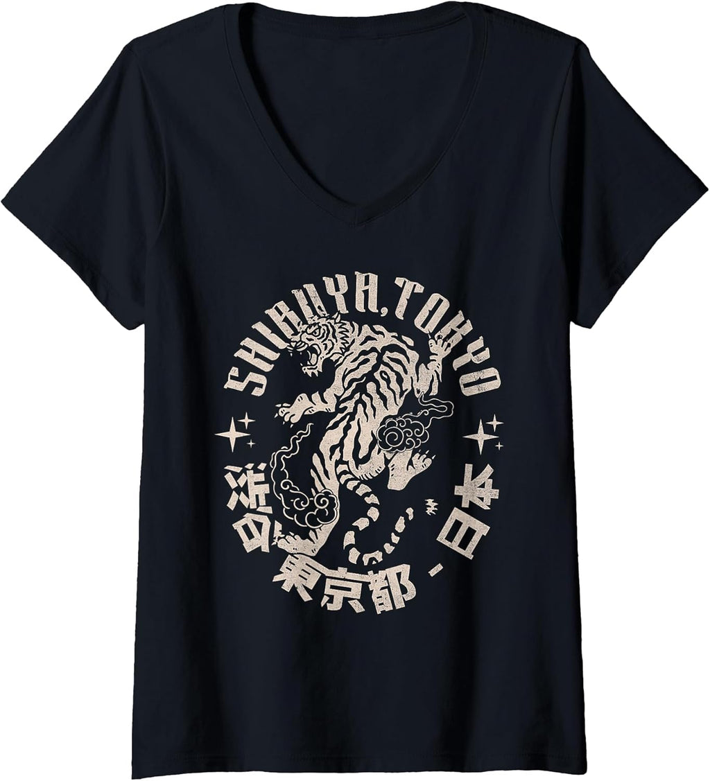 Womens Shibuya Tokyo Tiger – Vintage Japanese Streetwear Tiger V-Neck T-Shirt