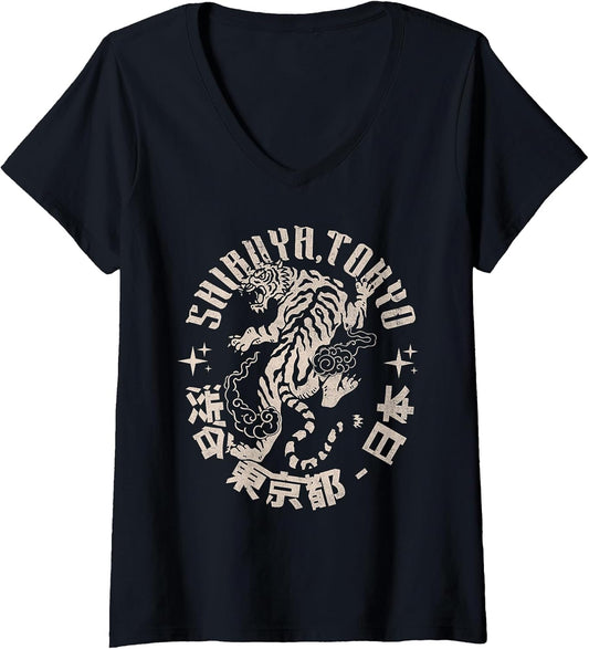Womens Shibuya Tokyo Tiger – Vintage Japanese Streetwear Tiger V-Neck T-Shirt