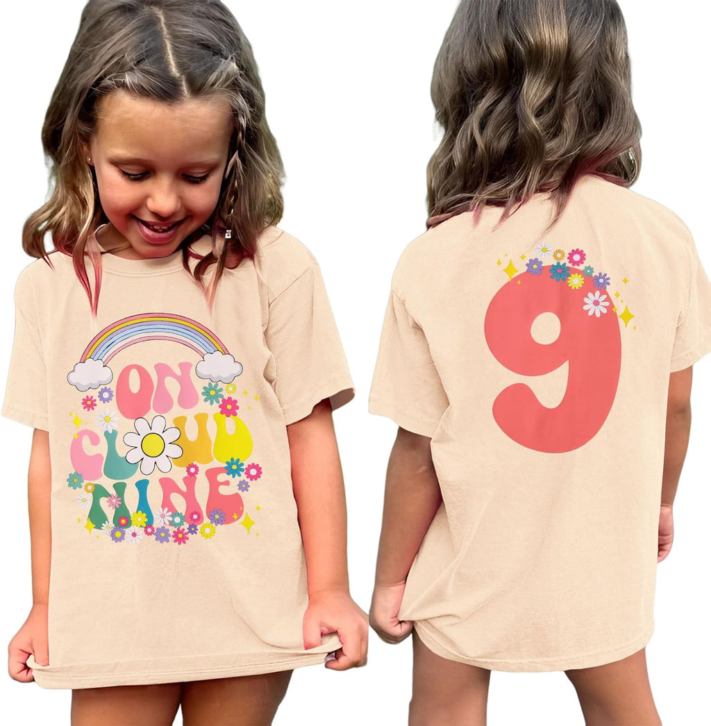 On Cloud Nine Birthday Girl Shirts Kids Girls Birthday Outfits Flower 9th T-Shirt Party Tees Tops 9 Years Old