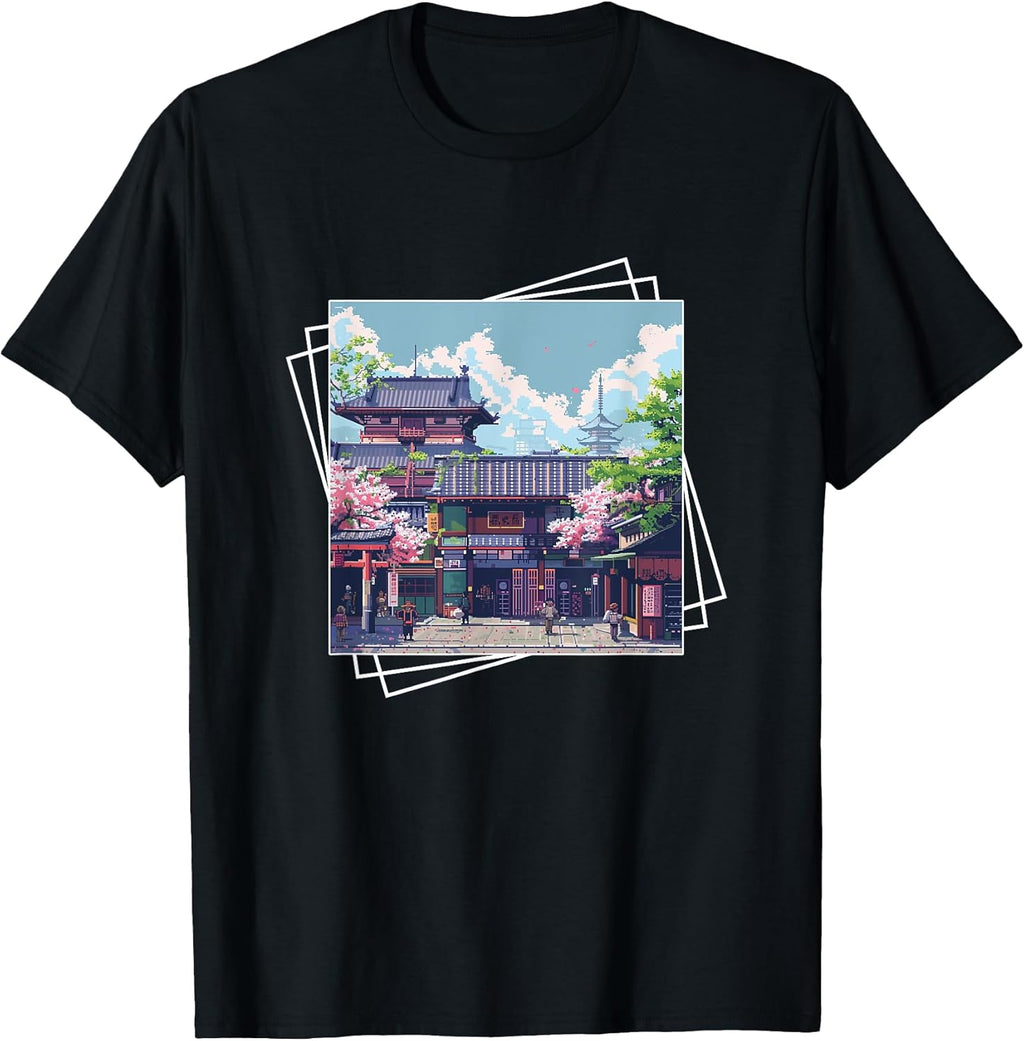 Pixel Art Japanese Street Traditional Cherry Blossoms Retro T-Shirt