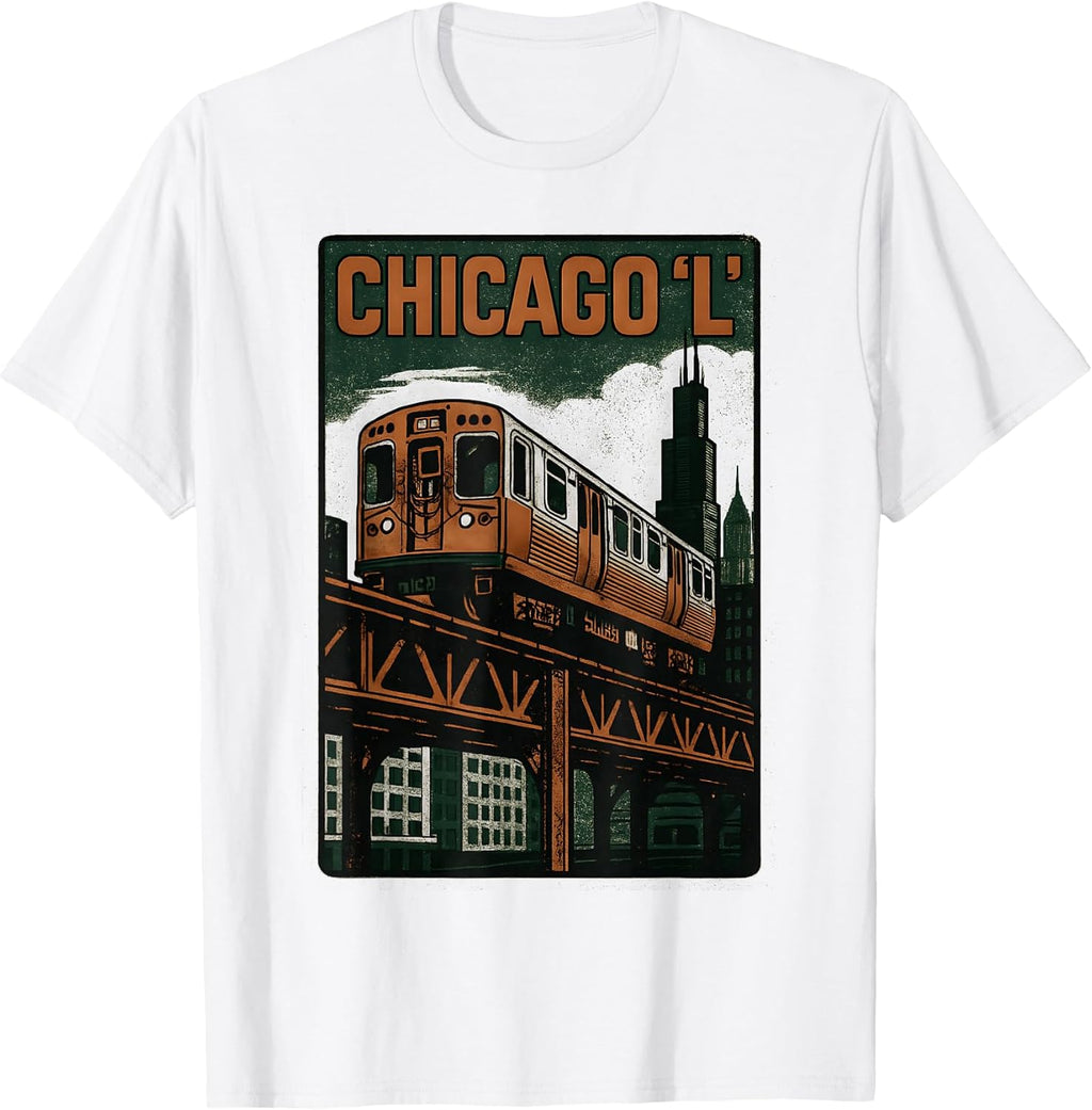 Chicago L Train Retro City Transit Urban Skyline Artwork T-Shirt