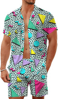 80s 90s Men's Hawaiian Outfits 2 Piece Shirt and Shorts Sets Button Down Beach Suits Disco Party