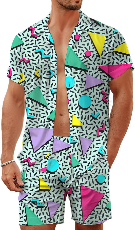 80s 90s Men's Hawaiian Outfits 2 Piece Shirt and Shorts Sets Button Down Beach Suits Disco Party