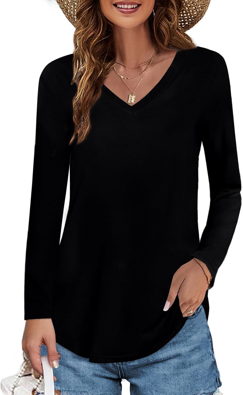 Womens T Shirts V Neck Summer Short/Long Sleeve Cotton Tops Tees