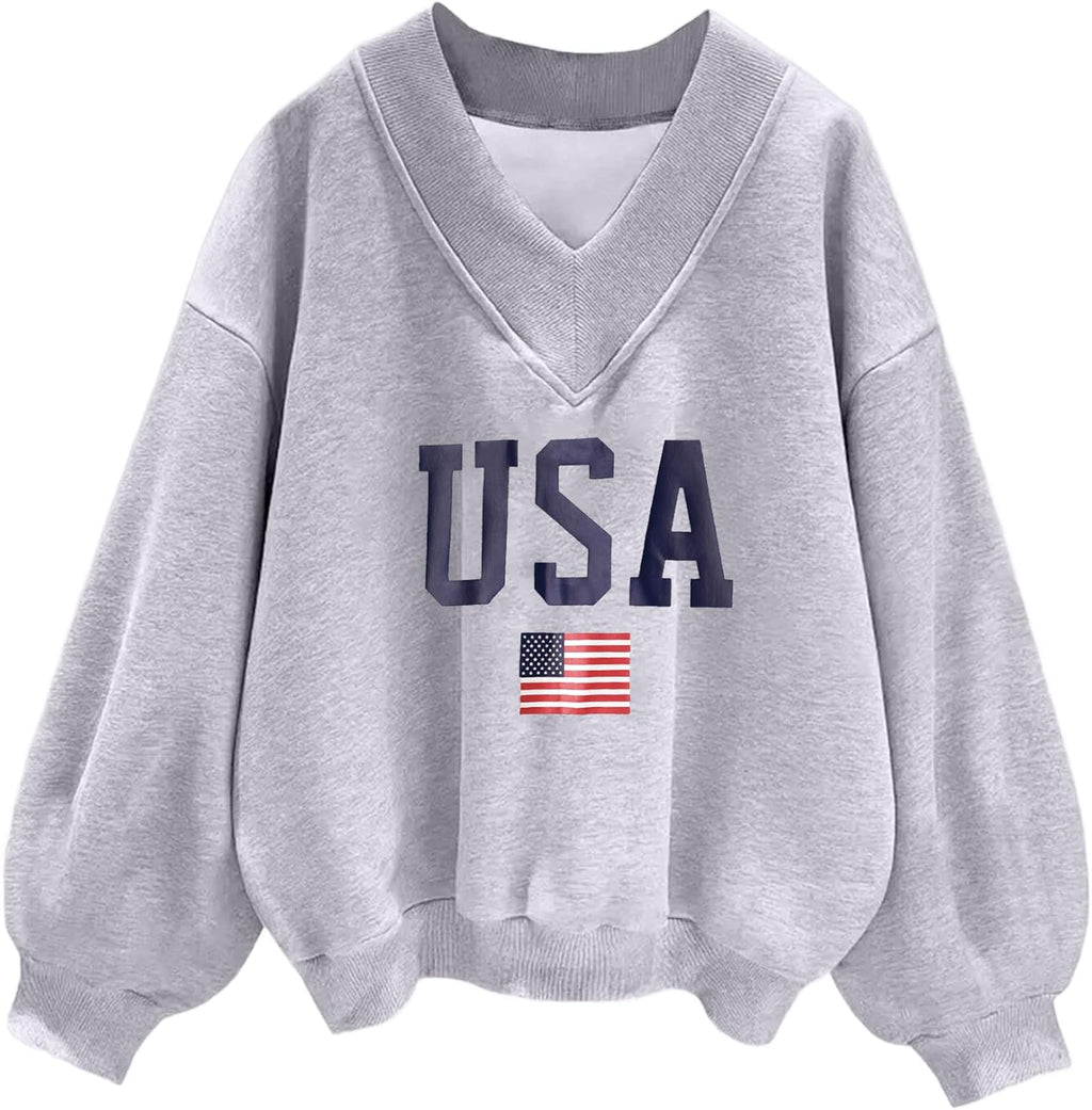 Womens V Neck Oversized Sweatshirts Casual Drop Shoulder Long Sleeve Pullover Tops