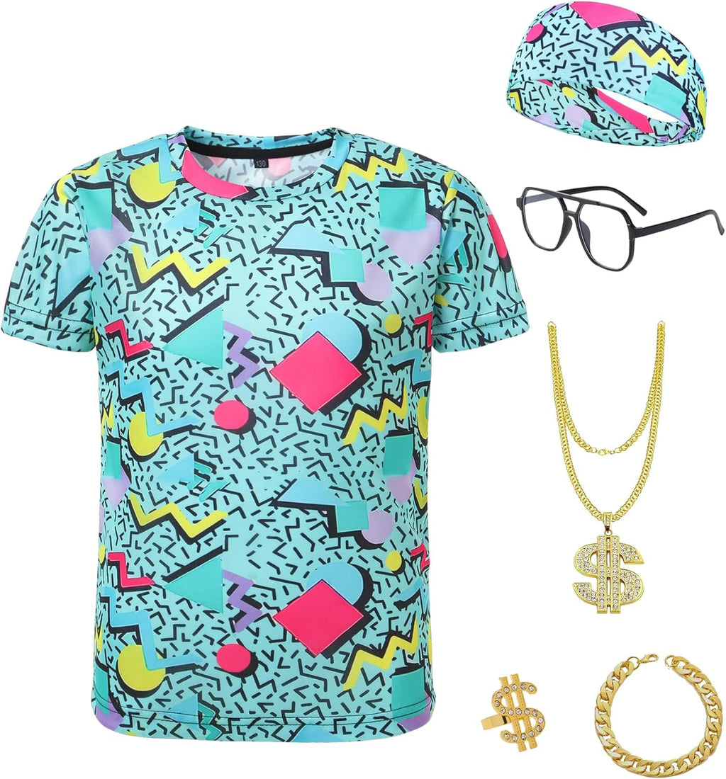 Boys 80s 90s Outfits 6 Pcs Hip Hop Costumes Accessories Kids Colorful T Shirt for Theme Party
