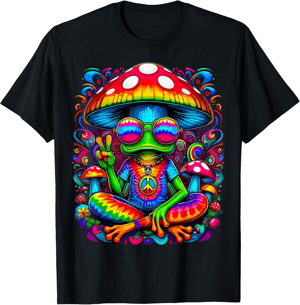 Hippie Tie-Dye Frog with Mushroom Peace Sign T-Shirt