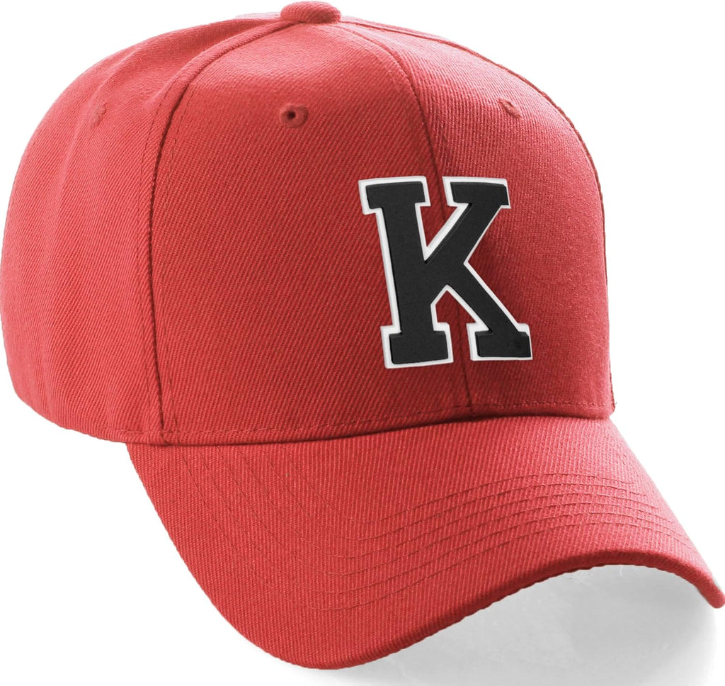 Classic Baseball Hat Custom A to Z Initial Team Letter, Red Cap White Black