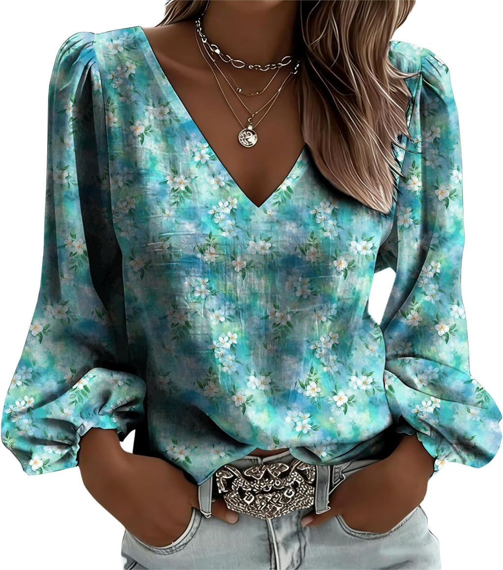 Vintage Floral Women Tunic Tops Deep V Neck Puff Sleeve Lightweight Spring Casual 2026 Soft Comfy Shirts
