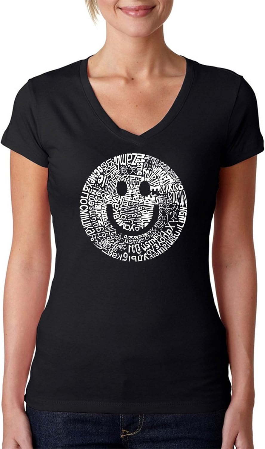 Women's Word Art V-Neck T-Shirt - Smile Different Languages Word Art