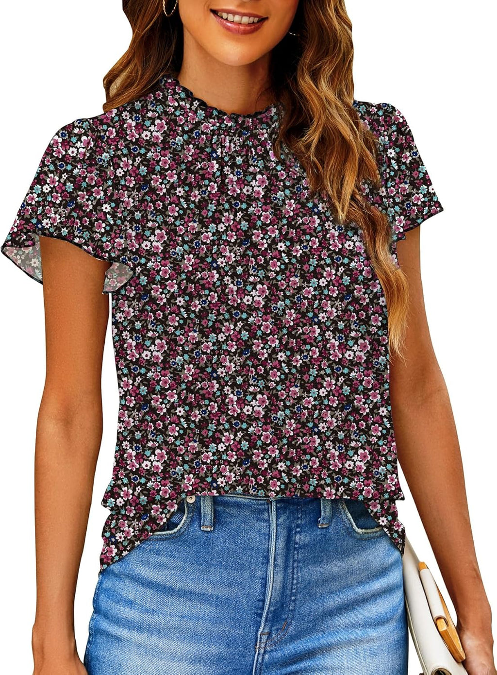 Women Boho Shirts Floral Ruffle Short Sleeve Mock Neck Flowy Casual Summer Blouses Tops