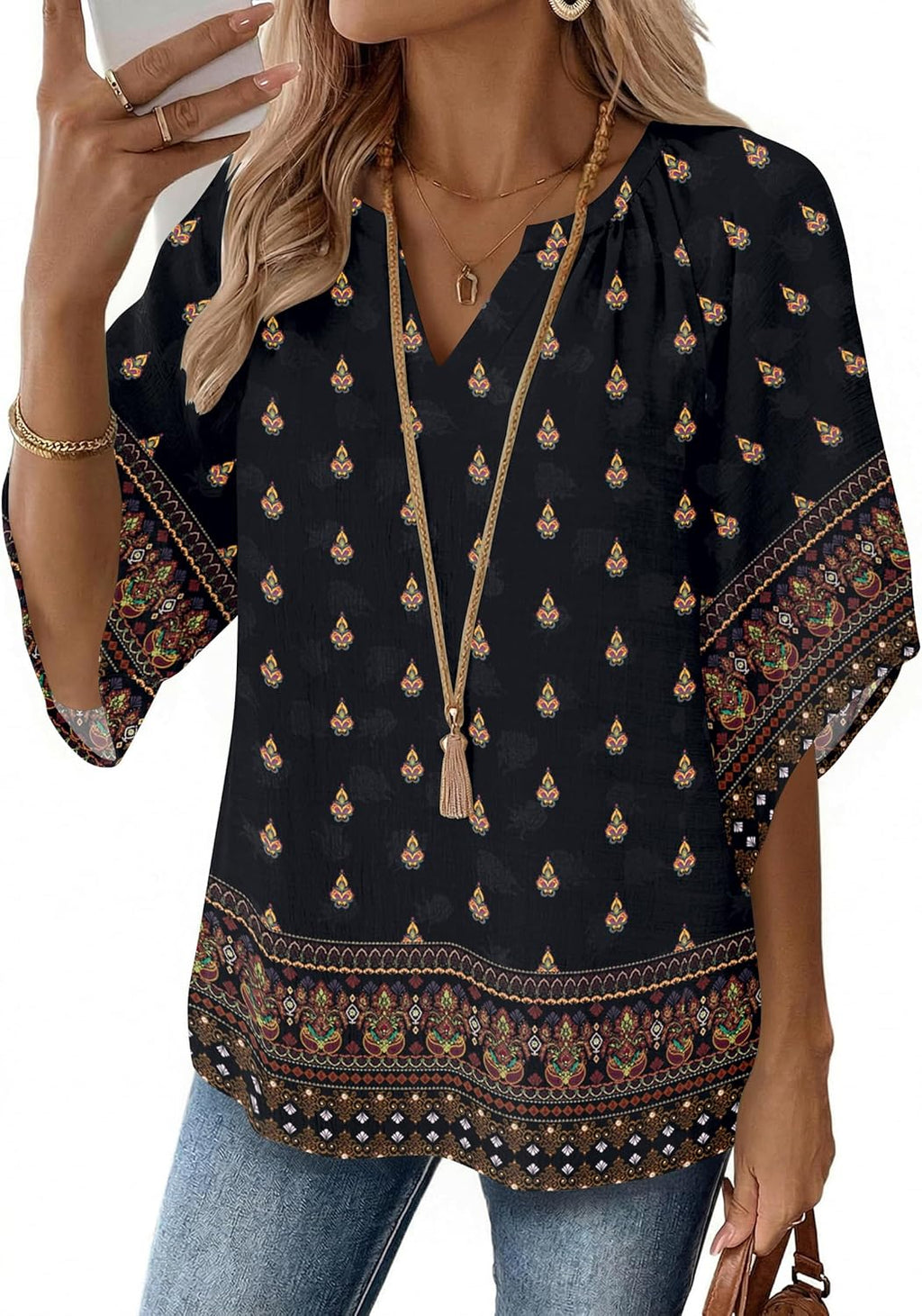 Womens Tops 3/4 Sleeve V Neck Bohemian Blouses Casual Loose Fit Tunic Boho Shirts Floral Printed Clothes
