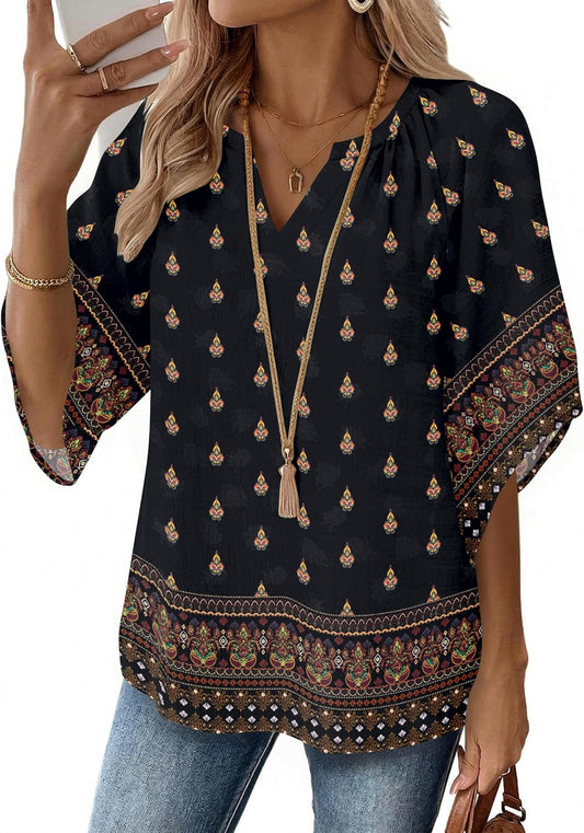 Womens Tops 3/4 Sleeve V Neck Bohemian Blouses Casual Loose Fit Tunic Boho Shirts Floral Printed Clothes
