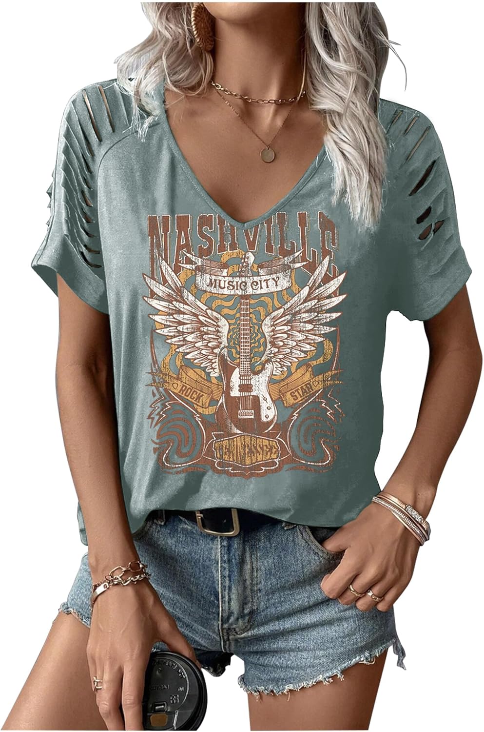 Vintage Rock Roll Concert T-Shirt Women Loose Casual Shirt Tops Funny Skeleton Eagle Graphics V Neck Short Sleeve