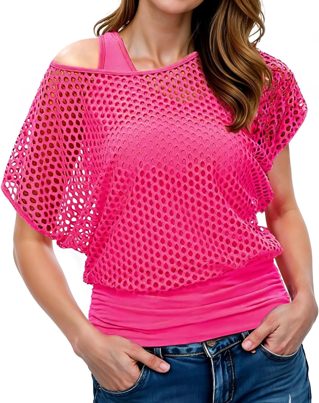 Women Casual Sexy 80s Costumes Fishnet Neon Off Shoulder T-Shirt Two Pieces