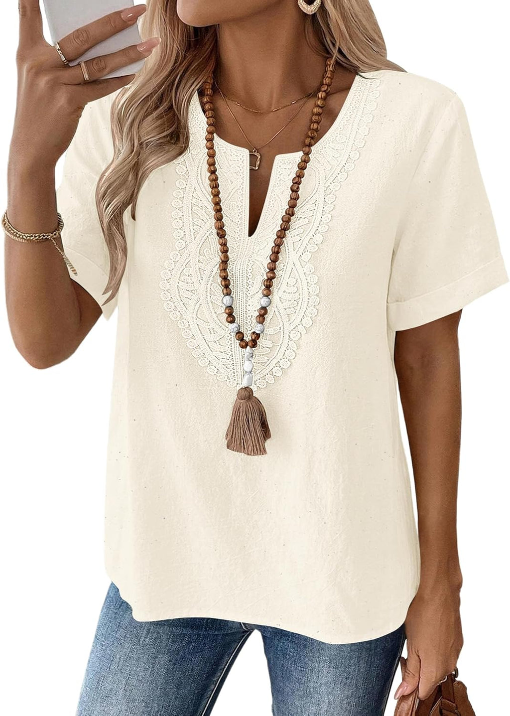 Womens Short Sleeve Tops Cotton Linen Shirts Loose Casual V Neck Lace Blouses Summer Vacation Clothes