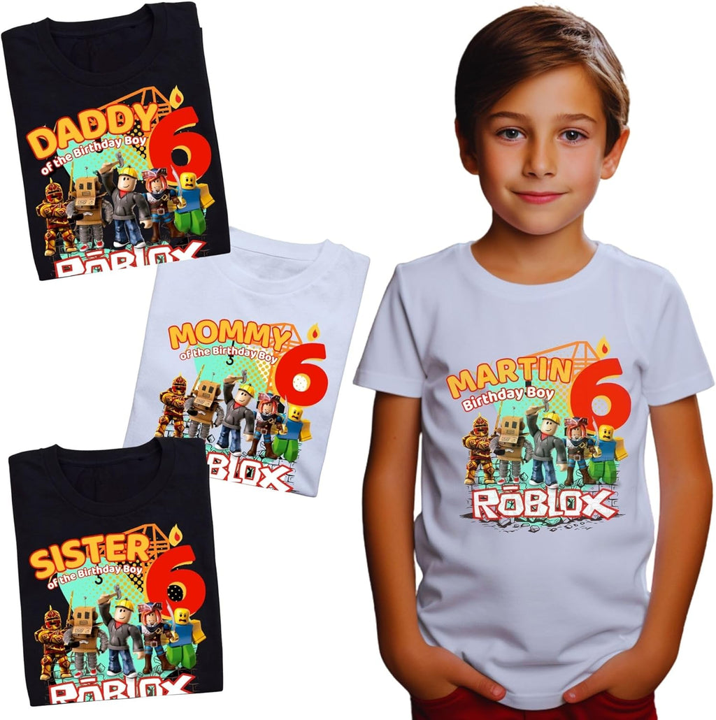 Custom Birthday Family Matching Shirts, Family Personalized Shirts, Robux Characters T-Shirts, Video Games t-Shirt, Blocks Shirt, Camiseta personalizada de Video Juegos White