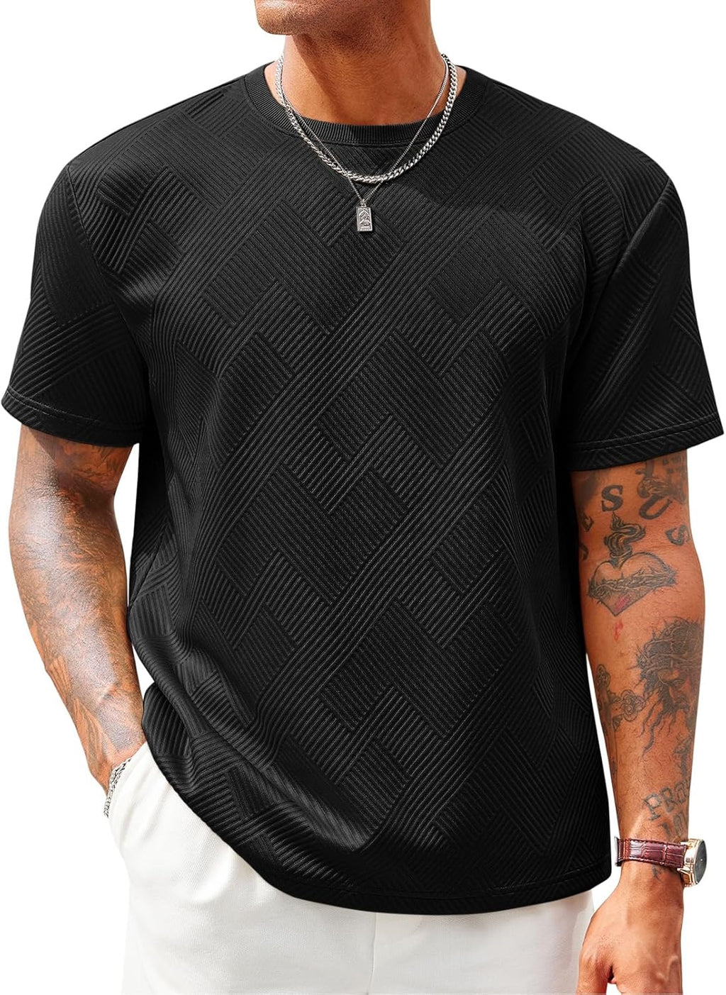 Men's Casual T-Shirts Short Sleeve Crewneck Summer Stretchy Shirt Textured Jacquard Tops