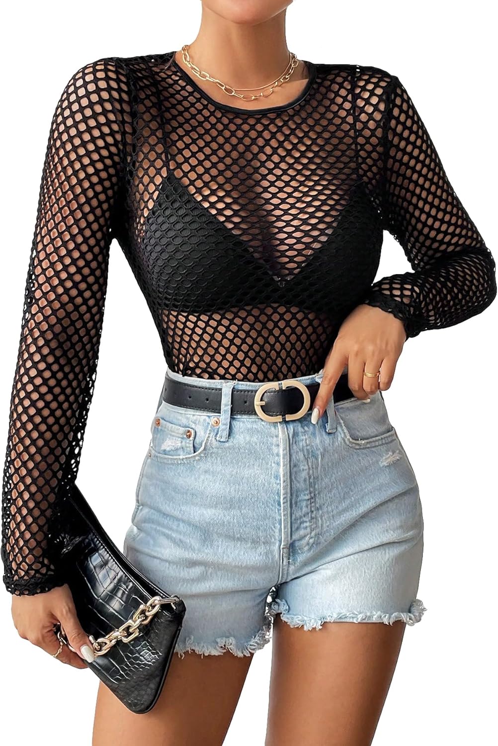 Women's Fishnet Top Shirt Gothic Long Sleeve Crew Neck Fall Rave Goth Festival Concert Grunge Going Out Tops