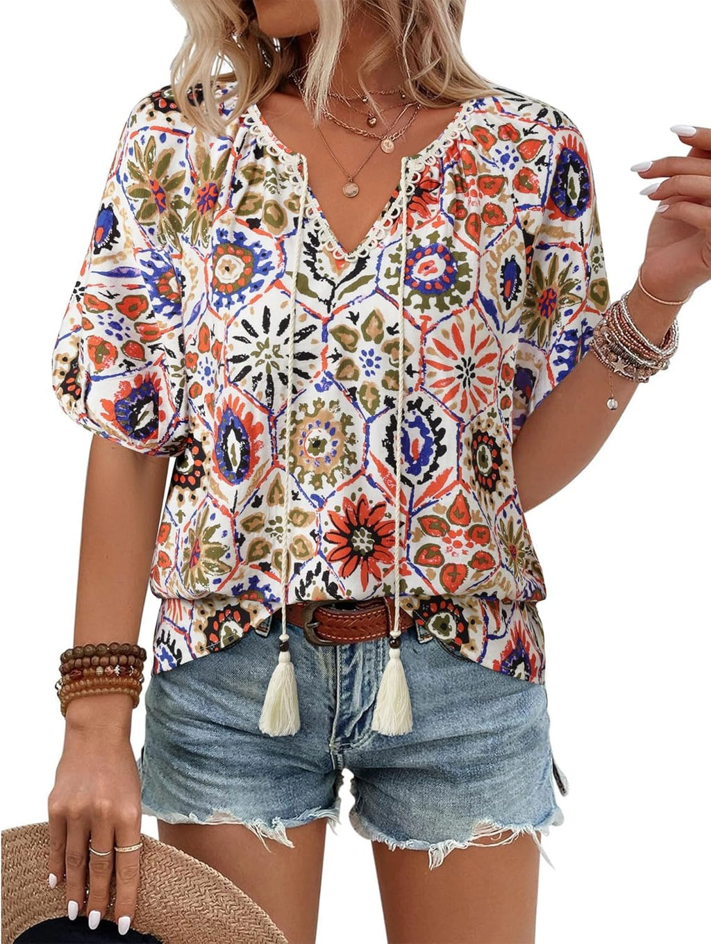 Womens Summer Boho Tops Casual V Neck Short Sleeve Blouses Floral Print Shirt Tie Front Flowy Vacation Clothes