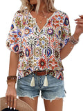 Womens Summer Boho Tops Casual V Neck Short Sleeve Blouses Floral Print Shirt Tie Front Flowy Vacation Clothes