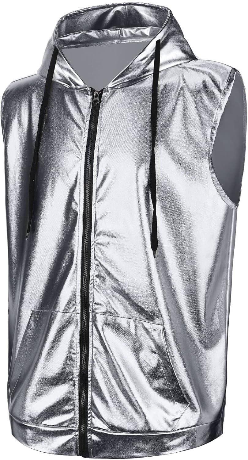 Men's Metallic Shirt 70s 80s Men Disco Outfit Metallic Hooded Tops Hoodie Shirts for Disco Party
