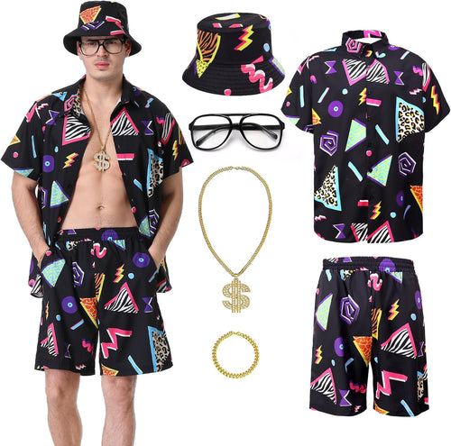 80s 90s Outfit Men Retro Shirts and Shorts Set, Men 80s Tracksuit 90s Neon Theme Outfit for Men Disco Party Beach