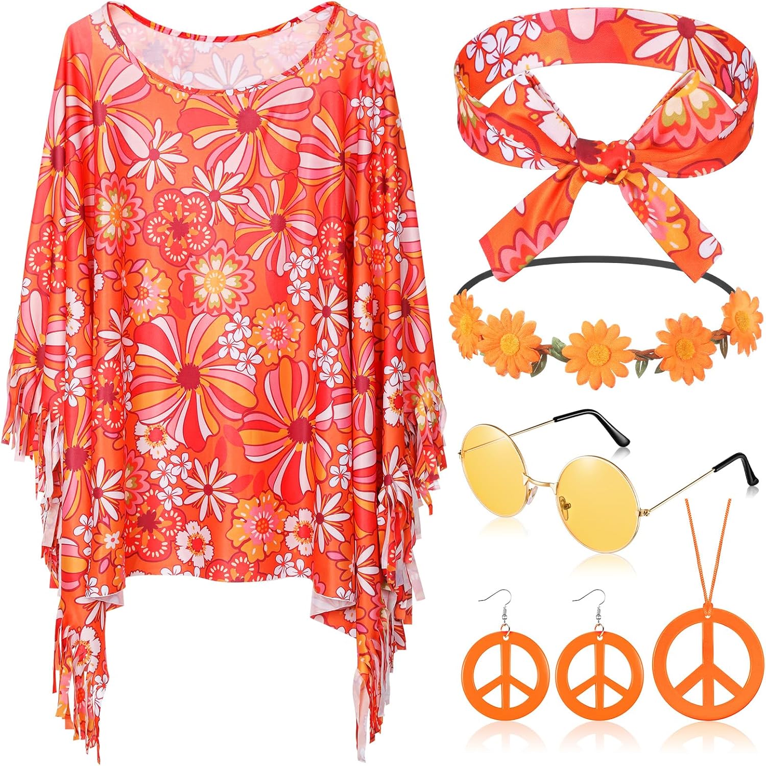 6 Pcs Hippie Costume Accessories Set Includes Headband Poncho Necklace Earrings Sunglasses for Women Girls