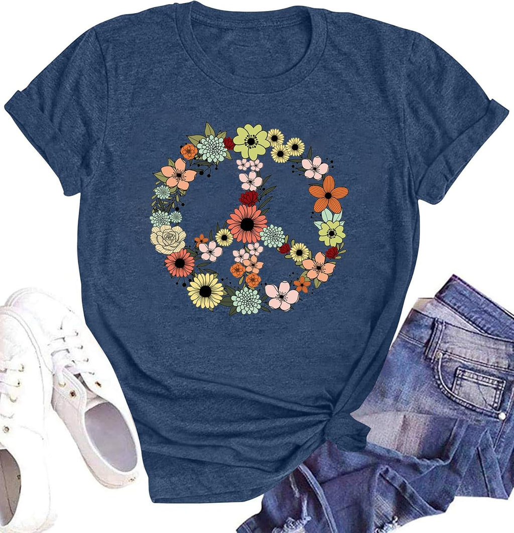Peace Sign Shirts for Women 60s 70s Flower Hippie Tshirt Inspirational Casual Short Sleeve Tee Tops