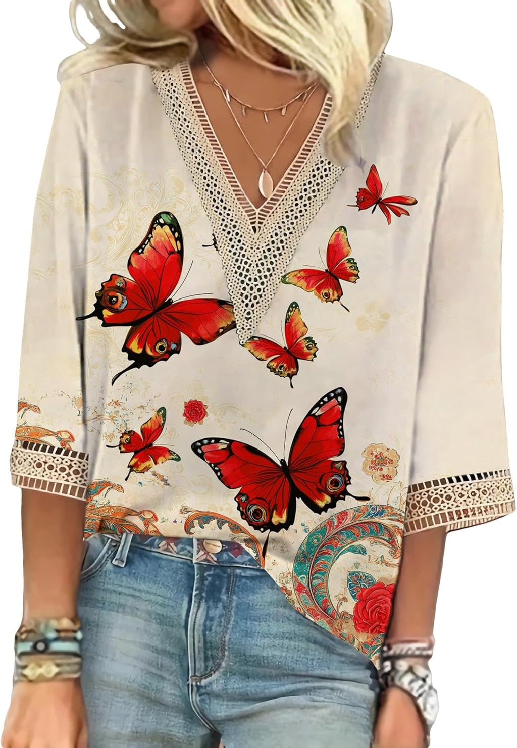 Vintage Lace Shirt 3/4 Sleeve Boho Ladies Tops and Blouses V Neck Graphic T Shirts Loose Fit Spring Tops for Women 2025 Trendy Red Butterflies S