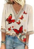 Vintage Lace Shirt 3/4 Sleeve Boho Ladies Tops and Blouses V Neck Graphic T Shirts Loose Fit Spring Tops for Women 2025 Trendy Red Butterflies S