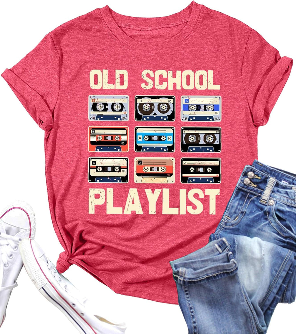 80s Shirt for Women 90s Shirts: Old School Playlist T-Shirt Cassette Tape Graphic 80s Music Concert Tee Tops