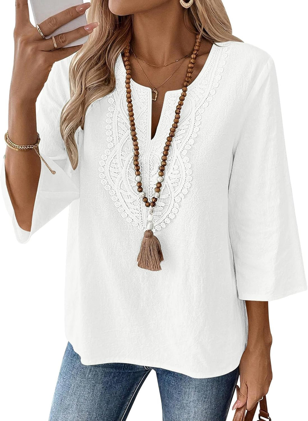 Womens 3/4 Sleeve Tops Cotton Linen Shirts V Neck Lace Casual Loose Fit Blouses Boho Fashion